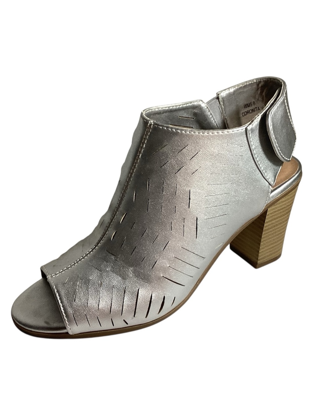 Wild Pair Silver Open Toe Bootie Laser Cut Coronita Block Heel Women’s Size 8